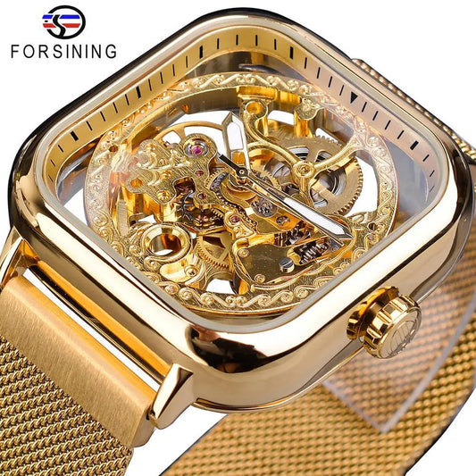 Forsining Golden Automatic Watch Square Skeleton